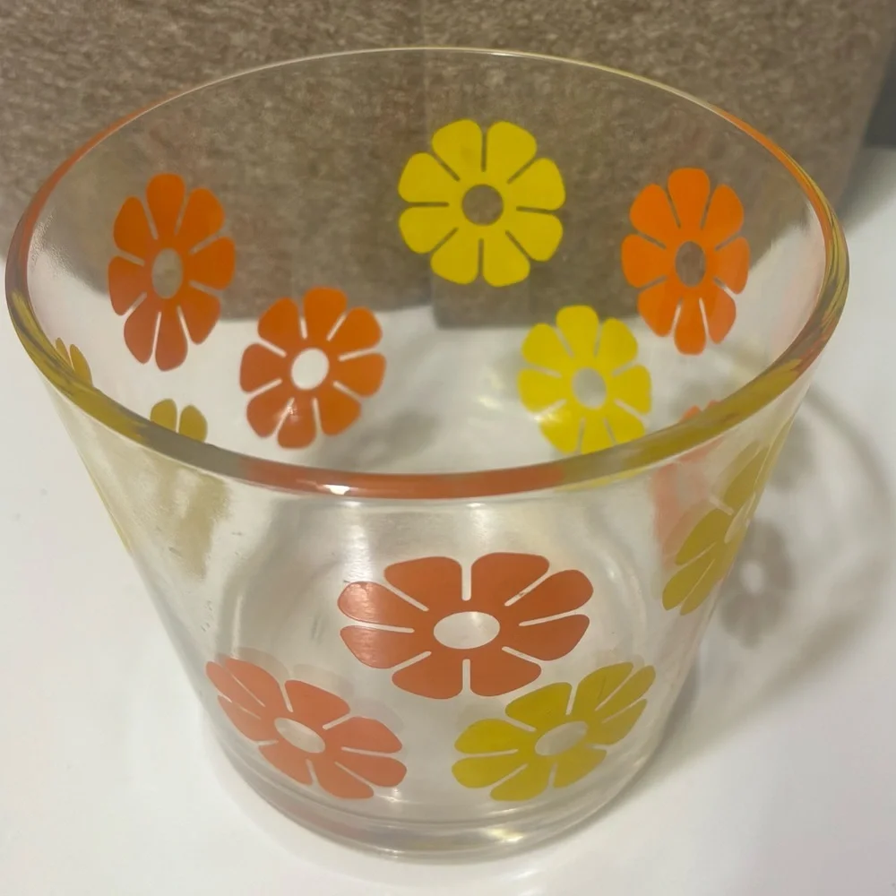 Vintage 1970’s Retro Floral Glass Ice Bucket- Orange and Yellow Flowers